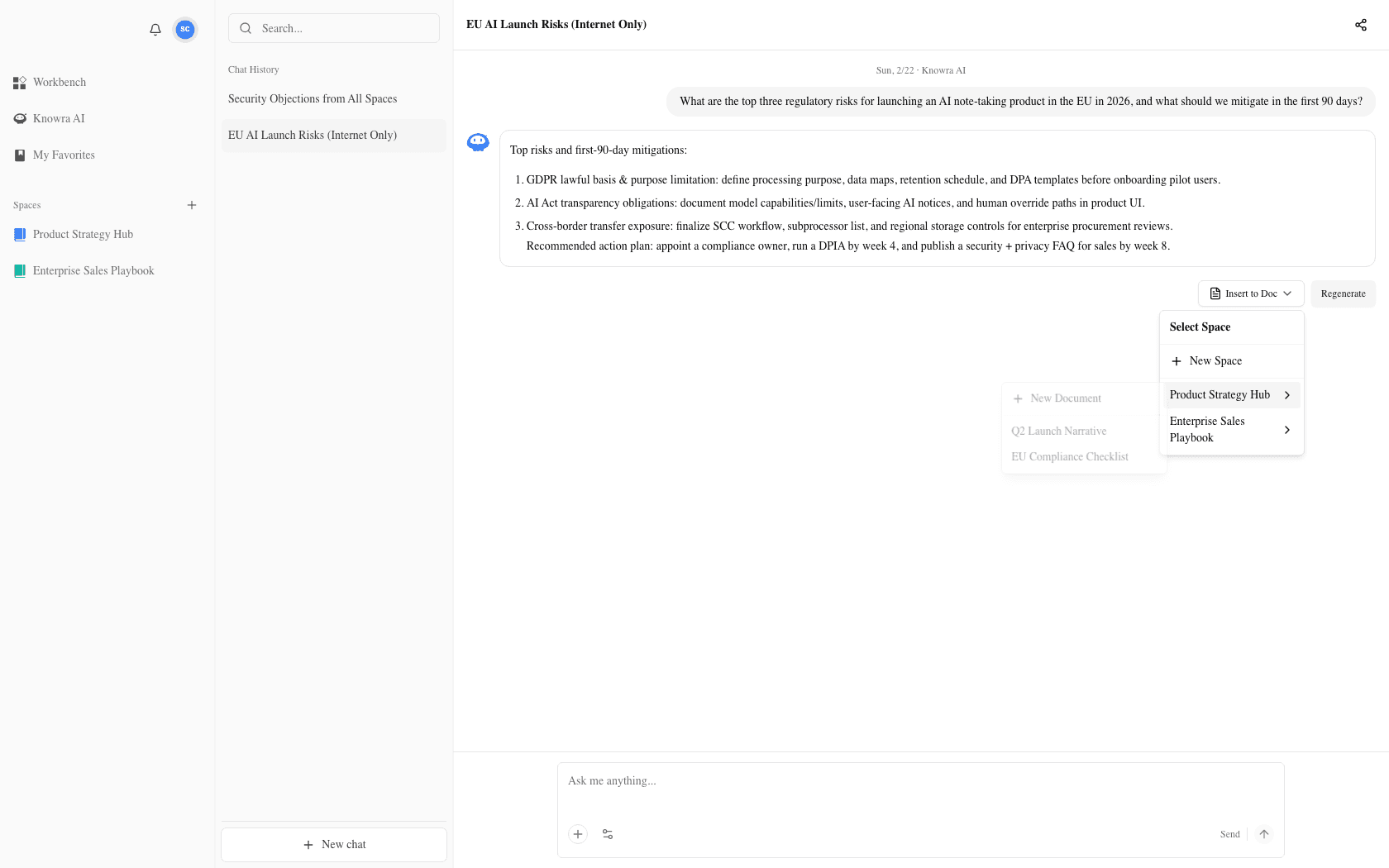 Knowra AI insert-to-page panel opened