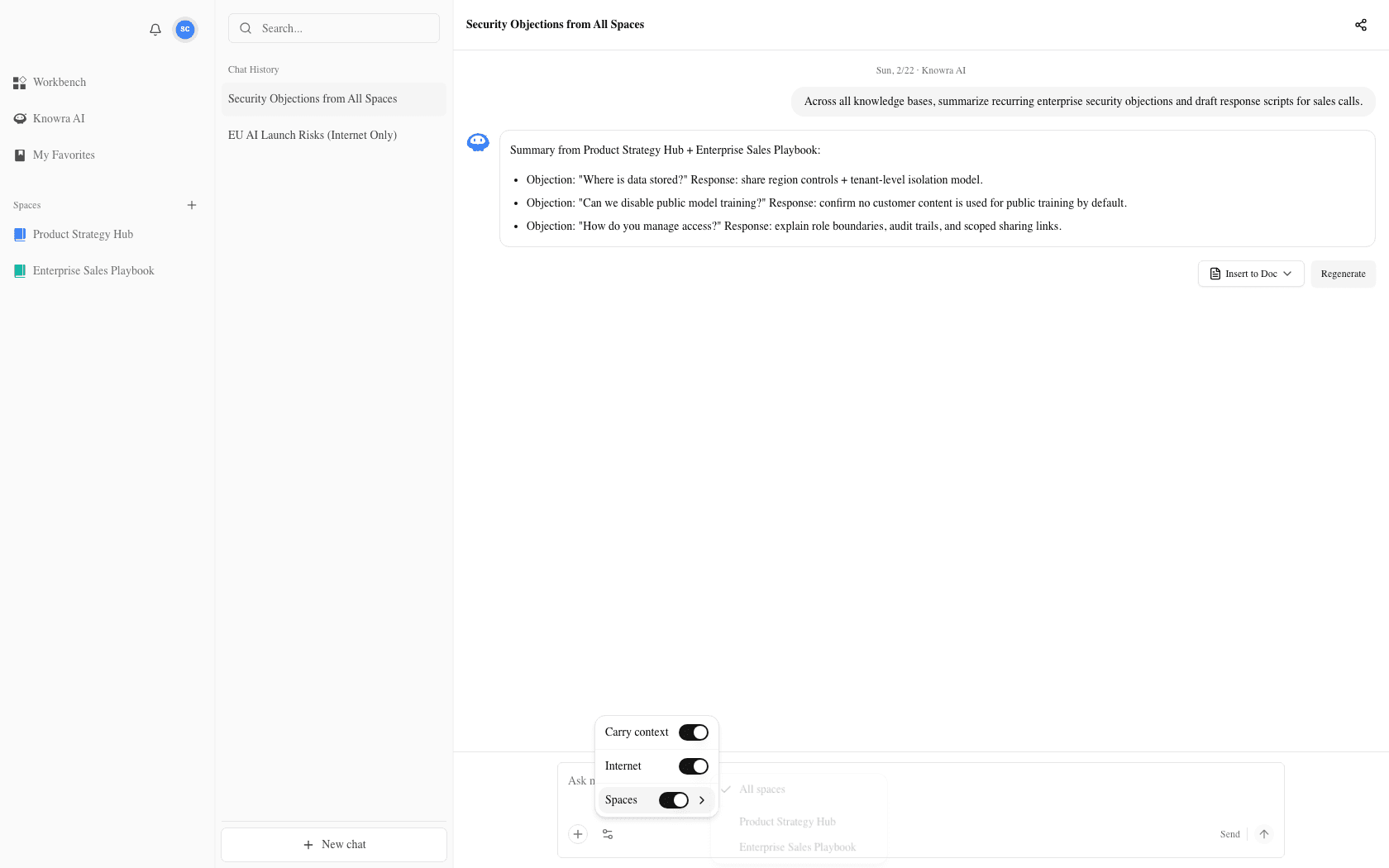 Knowra AI conversation with all knowledge bases enabled